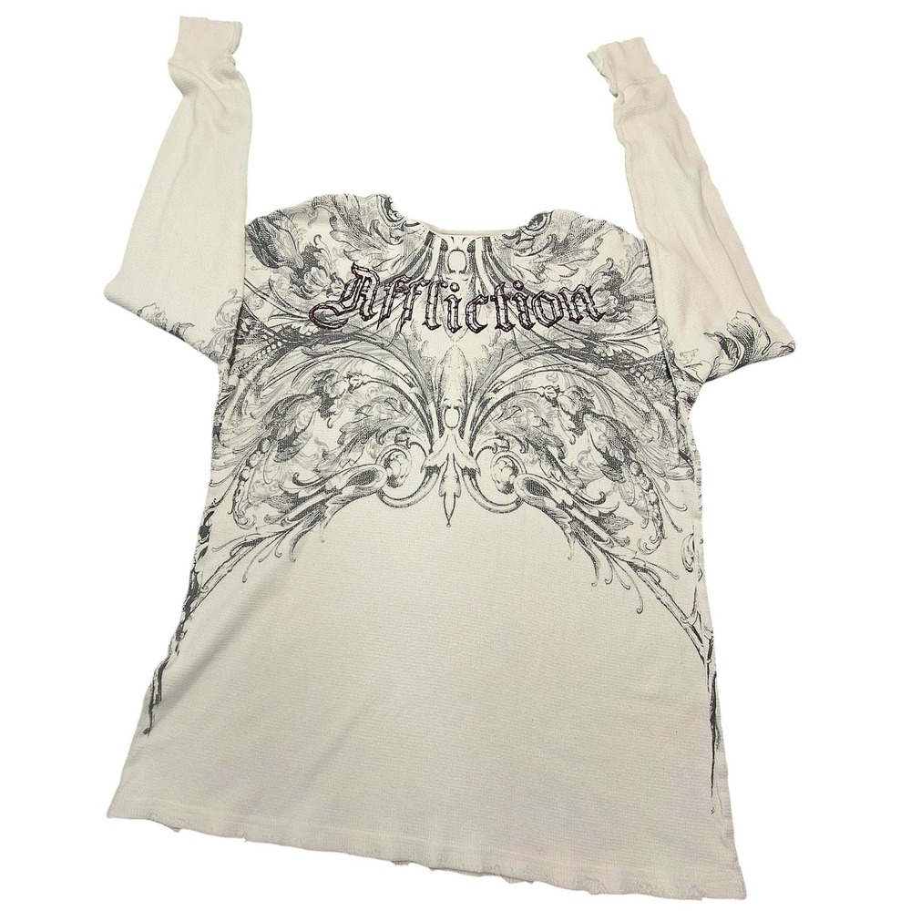Affliction Mens Large Thermal Shirt Long Sleeve Cream Y2K Graphic Waffle Knit